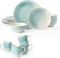 Famiware Glacier Plates and Bowls Sets 16 Pieces Stoneware Dinnerware Sets 13 oz Mug Set of 4 Aqua