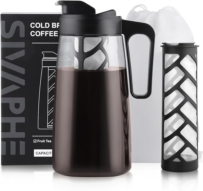 Sivaphe Large Ice Cold Coffee Maker 64 oz Dishwasher Safty Traitan Carafe Pitcher Leak Proof Iced Hot Coffee/Tea Brewer Method 2 Quart with Reusable Filter
