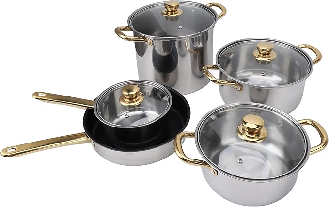 Ergonomic Stainless Steel Cookware Set with Golden Handles Multifunctional Pots and Pans with Glass Lids Ideal for Kitchen