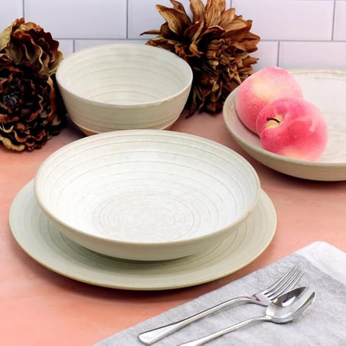 12 Piece Earthenware Dinnerware Set – Reactive Glaze Plates and Bowls with Raw Textured Base Round Ceramic Design Microwave &amp Dishwasher Safe Service for 4 (Matte White)