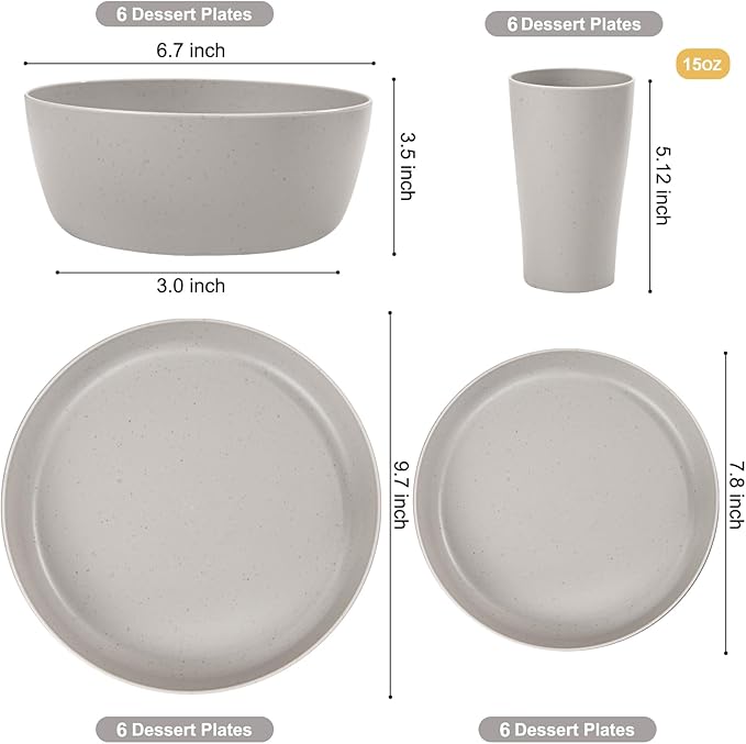 EI 24pcs Grey Wheat Straw Dinnerware Set of 6Reuasble Unbreakable Dinner PlatesWheat Plates and Bowls Sets for CampingPicnincFamily Dinner
