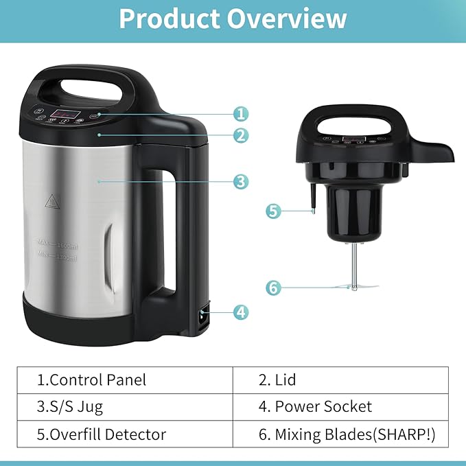 Soup Maker 1.6 L 4 in 1 Multi-Funcation Soup and Smoothie Maker with Smart Control Panel Stainless Hot Soup Maker Electric Makes 2-5 Servings Living for Home Use Black