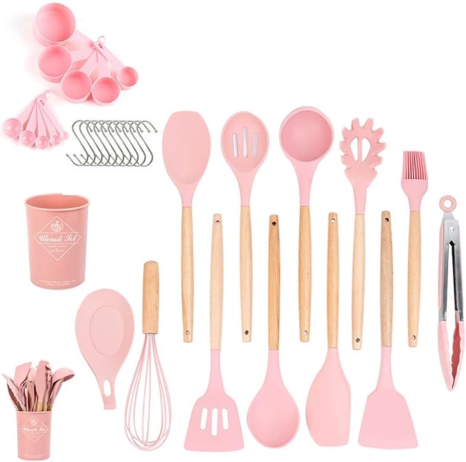 34 Pieces Silicone Cookware Set Wooden Handle Heat Resistant Kitchen Gadgets Non-Stick Cookware Cooking Tools Storage Bucket (pink)