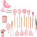 34 Pieces Silicone Cookware Set Wooden Handle Heat Resistant Kitchen Gadgets Non-Stick Cookware Cooking Tools Storage Bucket (pink)