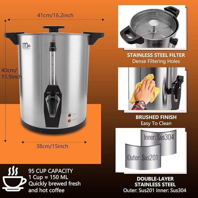 95 Cup 16L/4.23Gallon Commercial Coffee Urn Festa Essential 1500W Large Percolate Coffee Maker Hot Beverage dispenser With Double Dripless FaucetQuick-Brewing Hot Water Urn for CateringHomeEvents