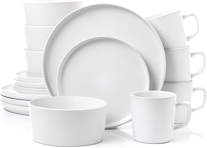 Lorren Home Trends White Stoneware Dinnerware Set 16 Piece Service for 4 Microwave and Dishwasher Safe