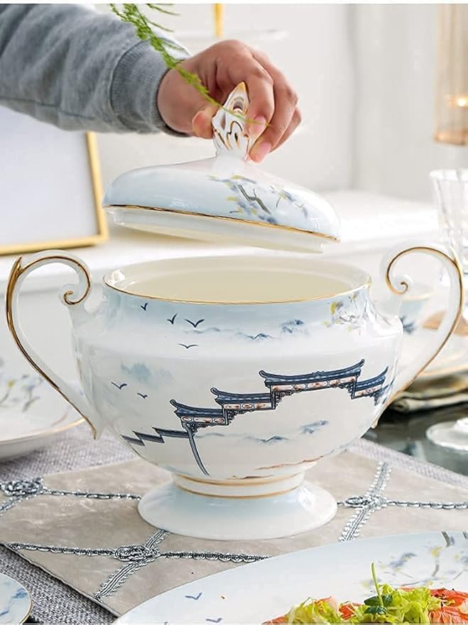 Dinnerware Set Dinner Party Tableware Service Set 11/28/50 PCS Chinese Style Dinnerware Set Bone China High-Value Tableware Bowl and Plate Set Home Gift Service (One Color 50pcs)