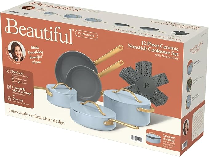 Pans12pc Ceramic Non-Stick Cookware Set by Drew Barrymore Pots &amp Pans with Lids Dishwasher‑SafeSoft‑Touch Handles Even‑Heat Base. (Cornflower Blue)