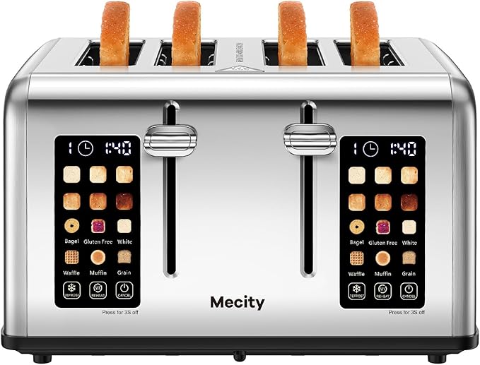 Mecity 4 Slice Toaster with Touch Screen Control 4 Wide Slots Stainless Steel Smart Bread Toaster for Bagels Muffins Waffles Dual Control Panel Timer Defrost Reheat 120V 1650W