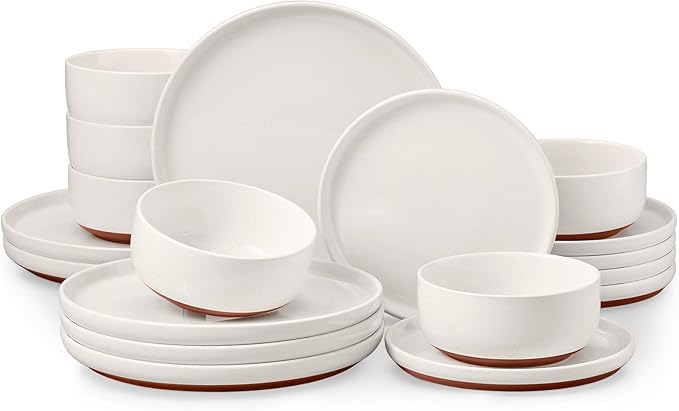 E-far 18-Piece Stoneware Dinnerware Sets Plates and Bowls Sets for 6 Ceramic Dishware Dishes Set with Terracotta Base Chip &amp Scratch Resistant Microwave &amp Dishwasher Safe Speckled White