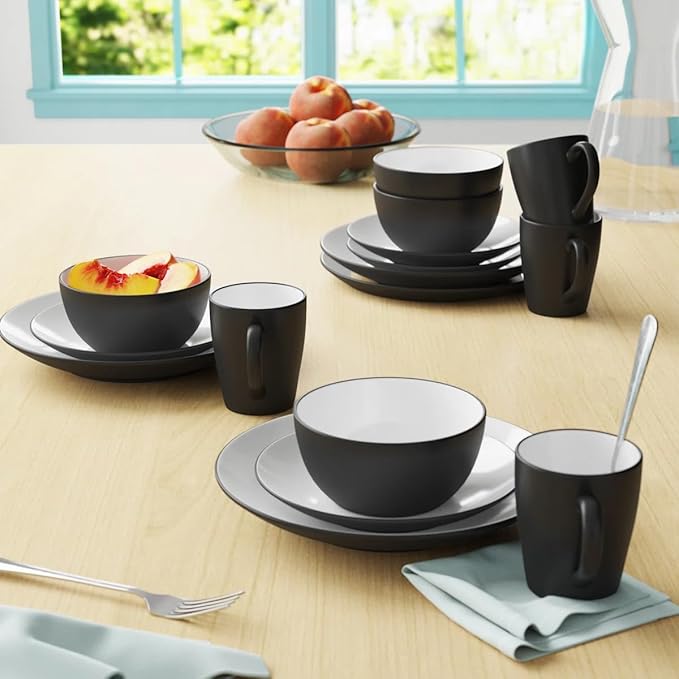Stoneware 16-Piece Dinnerware Set Round 4 dinner plates10.5'' 4 salad plates7.5'' 4 bowls18oz and 4 mugs14oz Microwave Dishwasher and Oven Safe Two-Tone Matte Finish Black/White