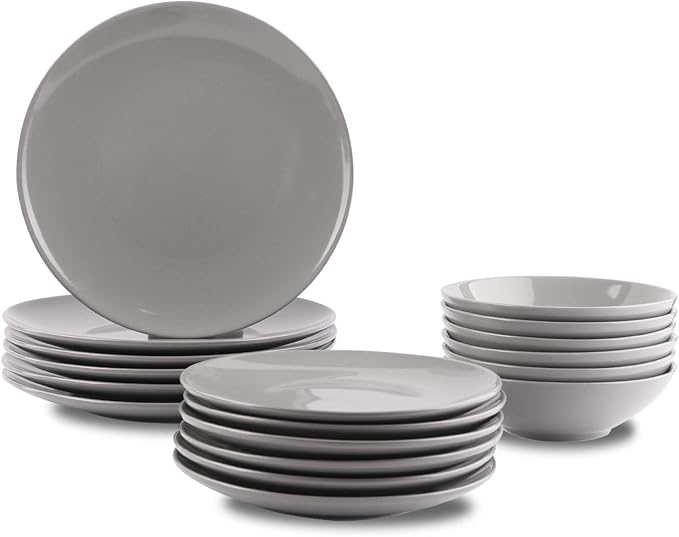Amazon Basics 18-Piece Stoneware Dinnerware Set Service for 6 Microwave and Dishwasher Safe Plates and Bowls for Everyday Use Smokey Grey