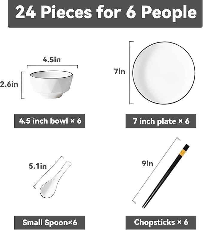 Reusable Dinnerware Sets for 6 Stackable Plates Bowls Set Modern Style Kitchen Dinner Set Dishwasher &amp Microwave Safe Dish Sets Smooth Surface and Easy to Clean 18/24/26 Pieces(24 Pieces)