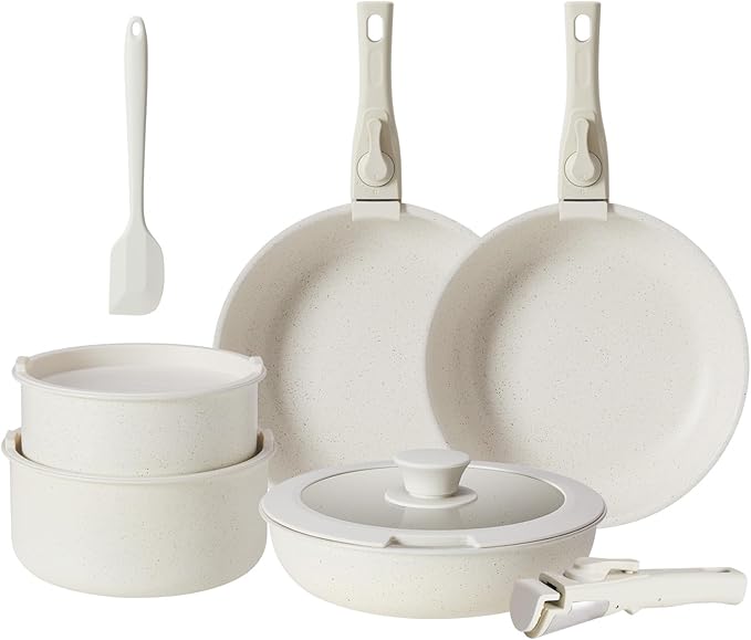 DUMOS 12 Pcs Pots and Pans Set Nonstick Kitchen Cookware Set Induction Cooking Sets Detachable Handle Milky White