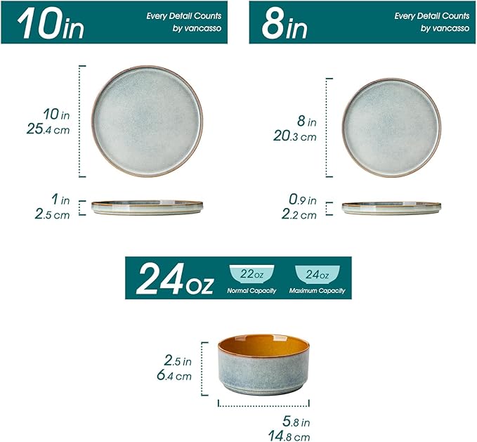 vancasso ONION Ceramic Plates and Bowls Sets 24 Pieces Light Blue Dinnerware Sets for Kitchen Reactive Glaze Dishes Set for 8 Dishwasher and Microwave Safe