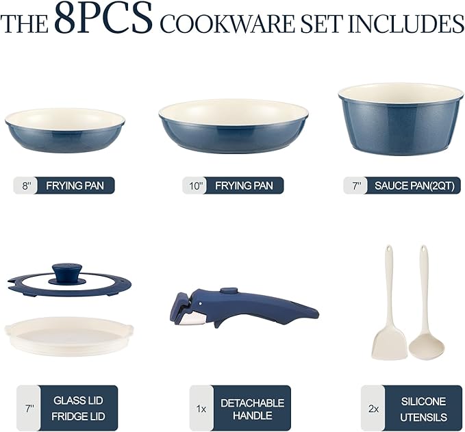 Ceramic Cookware Set Non Stick 8Pcs Pots and Pans Set Detachable Handle Induction Kitchen Cooking Set with Frying Pans Oven Dishwasher Safe PFAS/PFOA Free Navy
