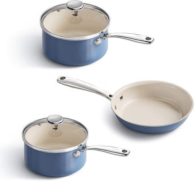 Redchef Nonstick Mini Cookware Set 8 Ceramic Fry Pan 2.5QT3.5QT Small SaucepanCooking Pot with Stay-Cool Handles Compatible All Stovetops PFAS PFOA &amp PTFEFree (Blue)