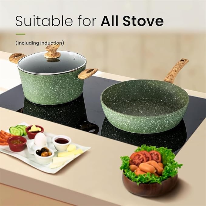 Kitchen Pots and Pans Set Nonstick Induction Kitchen Cookware Set Green Granite Coating Cooking Pans SetAA