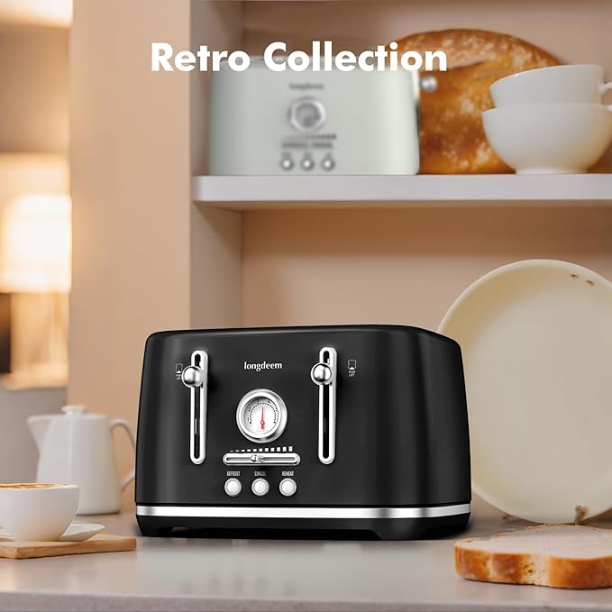 LONGDEEM Retro 4 Slice Countertop Toaster 1.5” Extra Wide Slots for Artisan Bread/Bagels 6 Browning Settings Defrost/Cancel High Lift Lever Crumb Tray Stainless Steel Home/Office/Dorm/RV Black