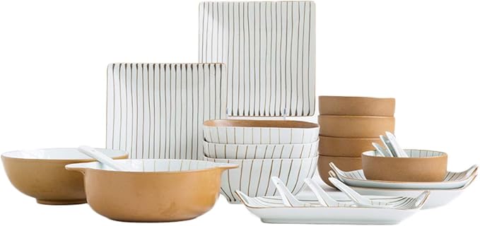 New Dinnerware SetsCeramics Dinner Sets 29 Pieces Yellow D Painted Stripes Porcelain Dinnerware Combination Set | -Style Retro Cereals Bowls And Steak Pl
