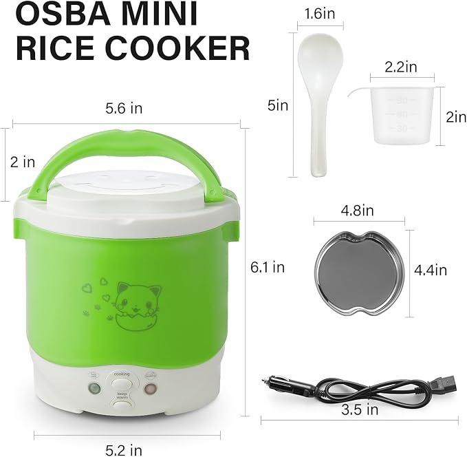 OSBA Mini Rice Cooker 1L Travel Rice Cooker Small 12V For Car Cooking For Soup Porridge and Rice Cooking Heating and Keeping Warm Function(Green)