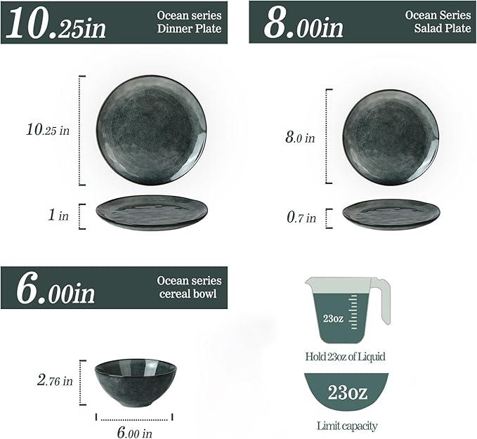 Famiware Ocean Round Plates and Bowls Sets for Kitchen 16-Piece Dinnerware Sets for 4 Mug Set for 4 Reactive Glaze Deep Forest