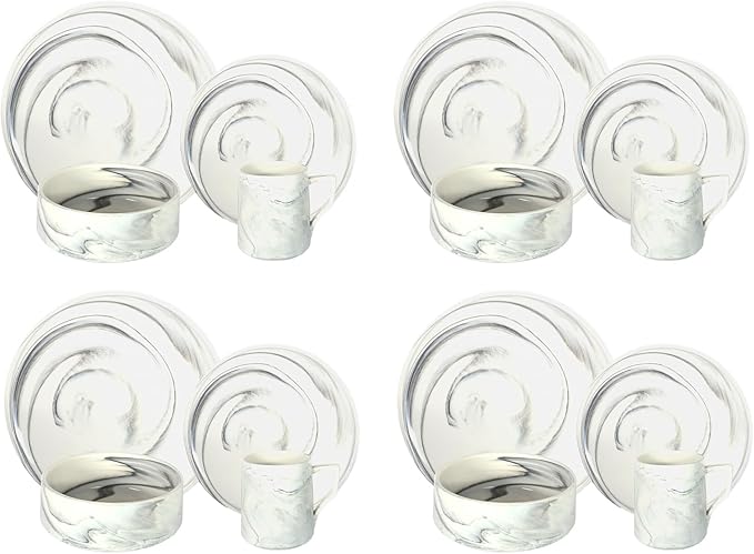 16 Piece Plates and Bowls Sets Fine China Artisan Marbled Dinner Set for 4 Dishwasher Safe Dinnerware Set Scratch Resistant Grey