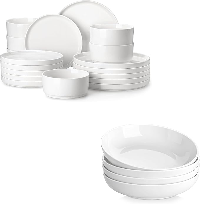 MALACASA 18 Pieces Porcelain Dinnerware Set Bundles 10 Large Pasta Bowls 56 OZ White Set of 4