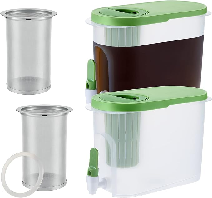 Gerrii 2 Pcs Cold Brew Maker 1 Gallon Plastic Beverage Dispenser with 2 Filters Drink Dispenser for Fridge Cold Brew Pitcher with Spigot Container for Juice Water Tea(Green)