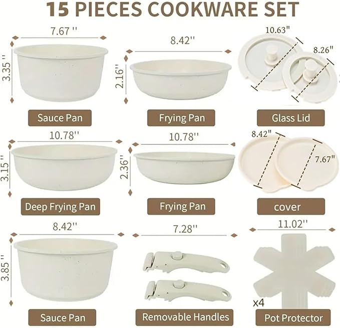 cookware set 15PCS/Set Granite Pots And Pans Set Non Stick Cookware With Removable Handle Induction RV Kitchen With With Glass Lid
