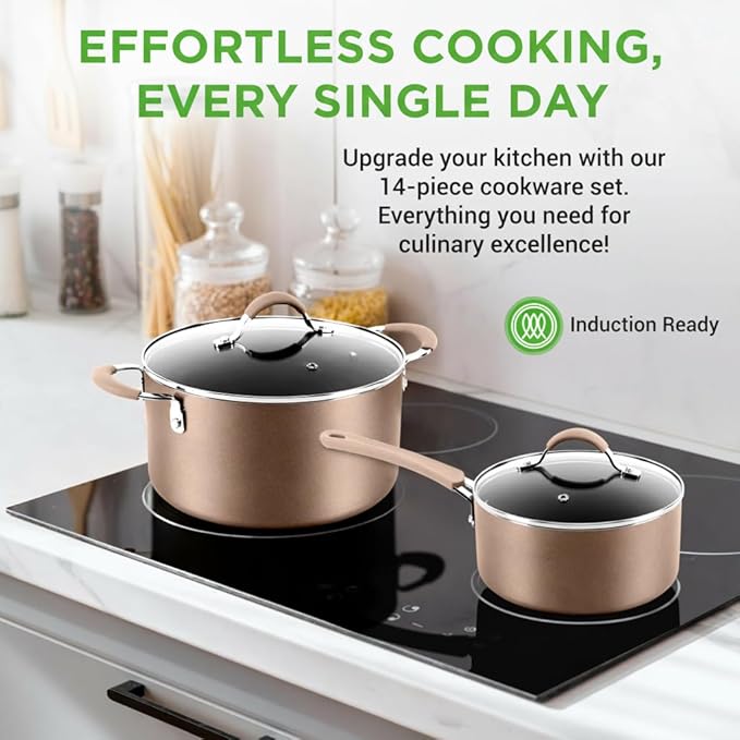 NutriChef 14-Piece Pots and Pans Set Non Stick – Induction Cookware Set PFAS-Free Nonstick Cookware for All Cooktops Includes Kitchen Utensils