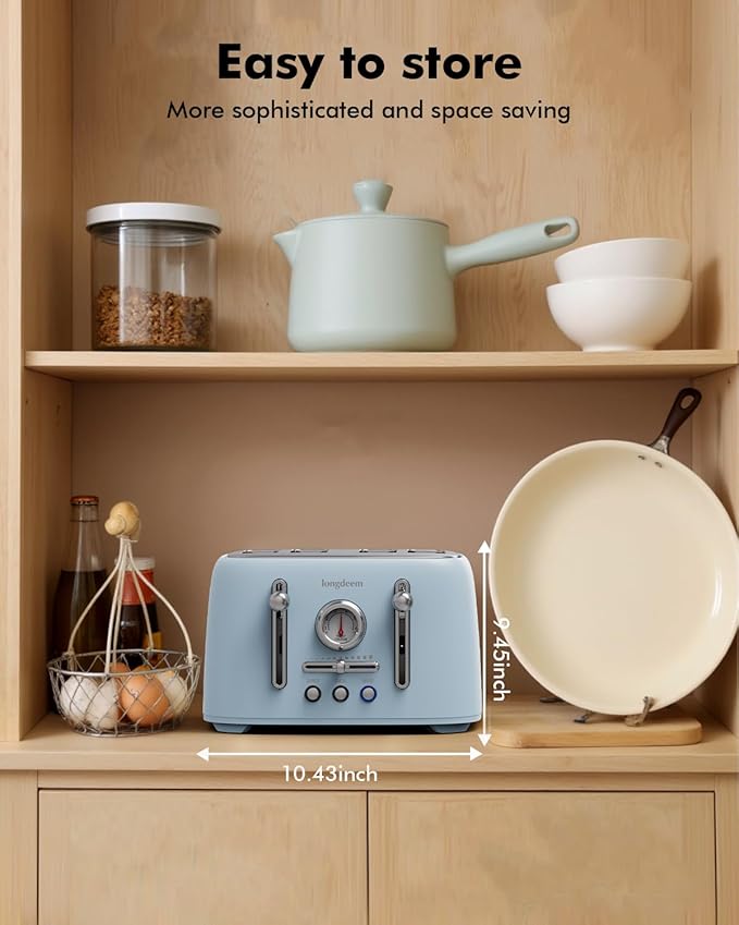 LONGDEEM 4-Slice Retro Toaster 1.6 Extra-Wide Slots 6 Browning Levels Bagel/Defrost/Cancel Stainless Steel Compact Blue