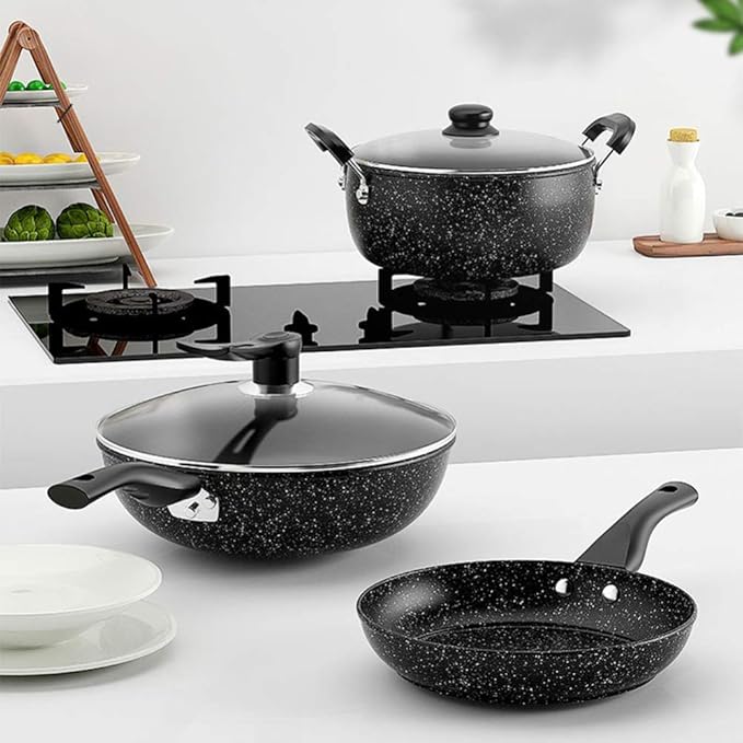 3-Piece Non Stick Induction Cookware Set - Including Frying Pan Saucepan And Casserole With LidsNon-Scalding Handle Easy To Clean Pot Non Stick Fry Pan