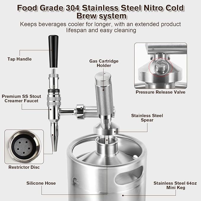 Nitro Cold Brew Coffee Maker 64oz SS Mini Keg Cold Brew Maker Nitro Coffee Machine System with Pressure Relief Valve &amp Stout Creamer Faucet Nitro Keg Coffee Growler for Homebrewing