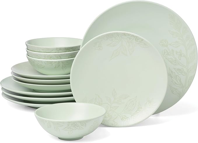 Oneida 897395 Roseto 12-Piece Dinnerware Set Soft Sage