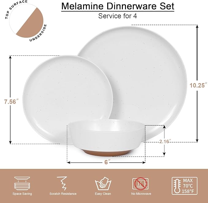 Webbylee 12-Piece Melamine Dinnerware Set for 4 – Unbreakable Plates &amp Bowls BPA-Free Lightweight Two-Tone White &amp Brown Ideal for Family Meals Camping Picnic Parties