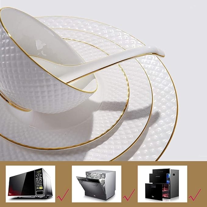 Dinnerware Set Plates and Bowls Sets Bowl/Dish/Soup Pot/Spoon|Bone China Dinner SetsWhite Embossed Gold Rim Pattern Porcelain Combination Set