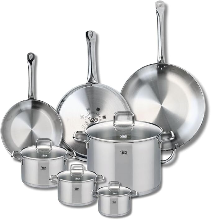 ELO 9513450 Cookware Set 7 Pieces 3 Frying Pans 24 28 and 32 cm and 4 Saucepans 12 14 16 and 26 cm Elo Profi Citrine Stainless Steel Induction