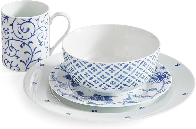Portmeirion Home Collection 16 Piece Dinnerware Set - Blue Indigo Mix &amp Match Designs Porcelain Dinner Plates Salad Plates Bowls &amp Mugs - Microwave Dishwasher &amp Oven Safe Modern Table