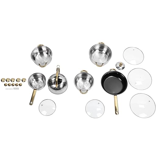 Pots and Pans SetPremium Stainless Steel Cookware Set - Proof and Stick Proof Pan and Pot Set with Gold Handles and Kettle - Ideal for Home Kitchens and Restaurants (Gold Handle with Kettle)