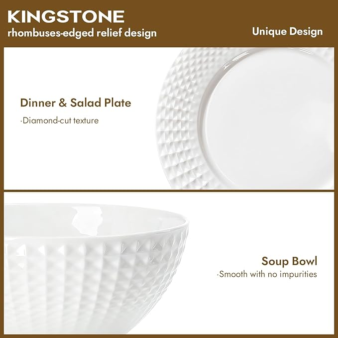 KINGSTONE Bone China Dinnerware Set 18-Piece White Lightweight Porcelain for 6 Plates and Bowls with Rhombus patterned edge design Microwave and Dishwasher Safe for Family Restaurant Gifting