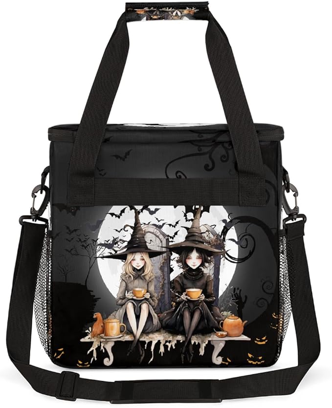 Halloween Witch Bat Moon Coffee Maker Carring Bag Travel Carrying Storage Tote Bag Compatible with Keurig K-Mini or K-Mini Plus Portable Single Serve Coffee Brewer Case with Pockets for K-cup Pods