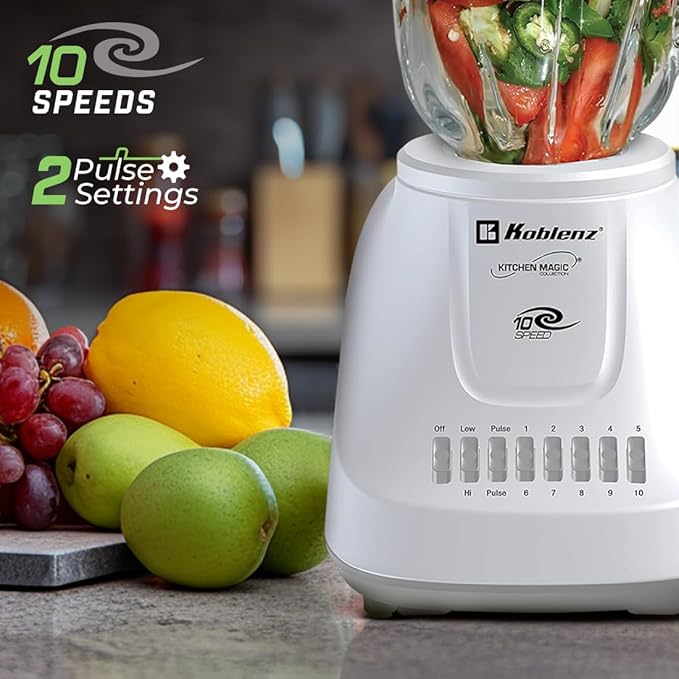Koblenz 51-oz Glass Jar Blender 10 Speed and 2 Pulse Blender Countertop Blender with Stainless Steel Blades Perfect for Shakes and Smoothies 500-Watt Motor White LKM-5910 VB