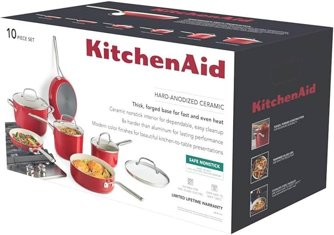 KitchenAid 84845 10-Pc. Hard Anodized Nonstick Ceramic Cookware Set - Empire Red