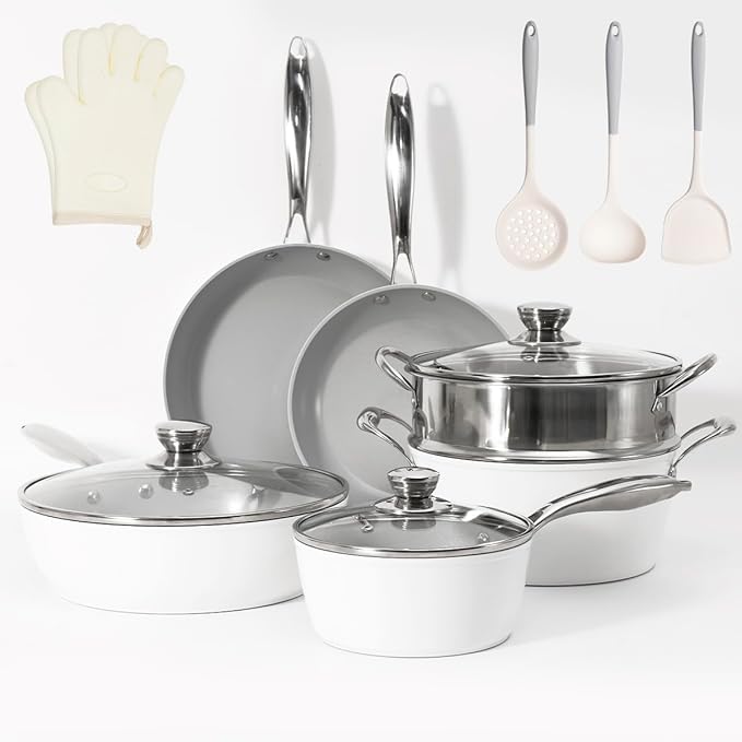 13 Piece Nonstick Kitchen Cookware Set Healthy Ceramic Aluminum Pots and Pans Set Induction/Ceramic Stove Compatible Oven/Dishwasher Safe