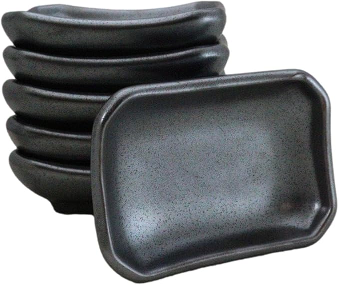 Ebros Gift Iron Black Clay Underglaze Technique Tetsu Kesho Porcelain Dinnerware Kitchen Set Asian Japanese Restaurant Supply (Pack Of 6 Rectangle Condiment Sauce Dishes 2oz)