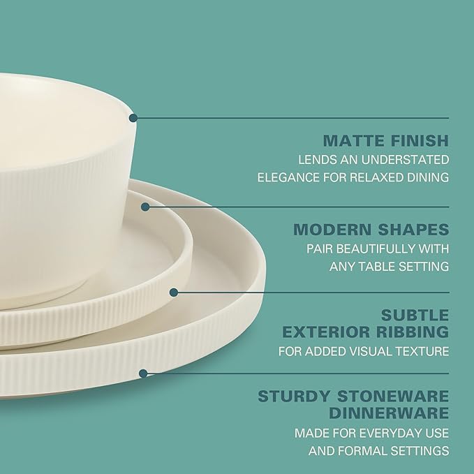 Gibson Home Dempsey Road 12-Piece Stoneware Dinnerware Set – Service for 4 Round White Plates and Bowls Durable Solid Color Modern Embossed Dish Set Microwave &amp Dishwasher Safe