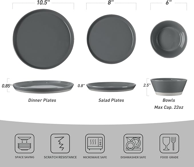 Famiware Saturn Dinnerware Sets for 4 12 Pieces Stoneware Plates and Bowls Dish Set - Chip and Scratch Resistant Microwave and Dishwasher Safe Tableware Dark Gray