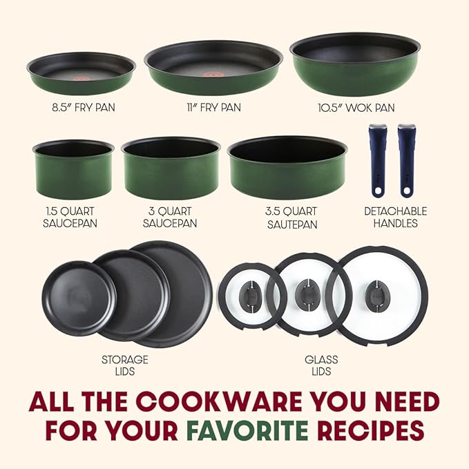 T-fal Ingenio Expertise Non Stick Cookware Set 14 Piece Induction Oven Broiler Safe 500F Cookware Pots and Pans Set RV Camping Frying Pans Dishwasher Safe Detachable/Removable Handle Green