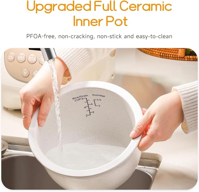 Joydeem Ceramic Rice Cooker 6 Cups Uncooked Rice Cookers with Pure Ceramic Inner Pot Healthy &amp PFOA Free 3L/3.2 qt DFB-C300